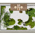 Beautiful Courtyard Garden Design With Small Trees Green Grass Stones And Wooden Tea Area