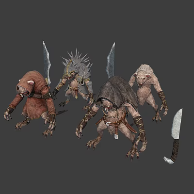 Monster Characters With Spiked Backs Claws And Knives In Tattered Clothing 3d model
