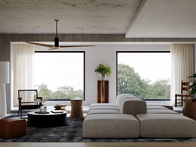 Modern Living Dining Room Interior With Large Windows Sofa Coffee Table And Green Plants 3d model