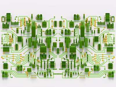 Decorative Ornament Set With Circuit Board Pattern Symmetric Design Green And Gold Elements 3d model