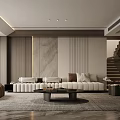 Modern Living Room Interior Design With White Sofa Coffee Table Brown Armchair And Gray Rug