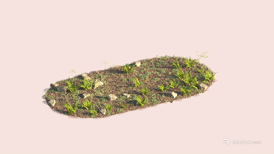 Varieties of Green Flowers and Plants in Oval Garden Bed with Soil and Stones 3d model 