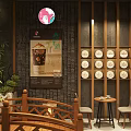 Traditional Chinese Style Milk Tea Shop With Wooden Counter Hanging Lights And Green Plants