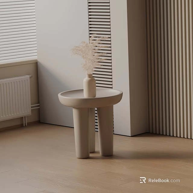 Minimalist Modern Bedside Table With Round Top Double Column Base And Dried Flower Vase 3d model