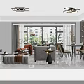 Modern Living and Dining Room Interior With Sofa Dining Table Large Windows And Pendant Lights