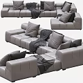 Modern Multi Seater Sofa With Gray Upholstery Soft Pillows And Throw Blanket 3d model