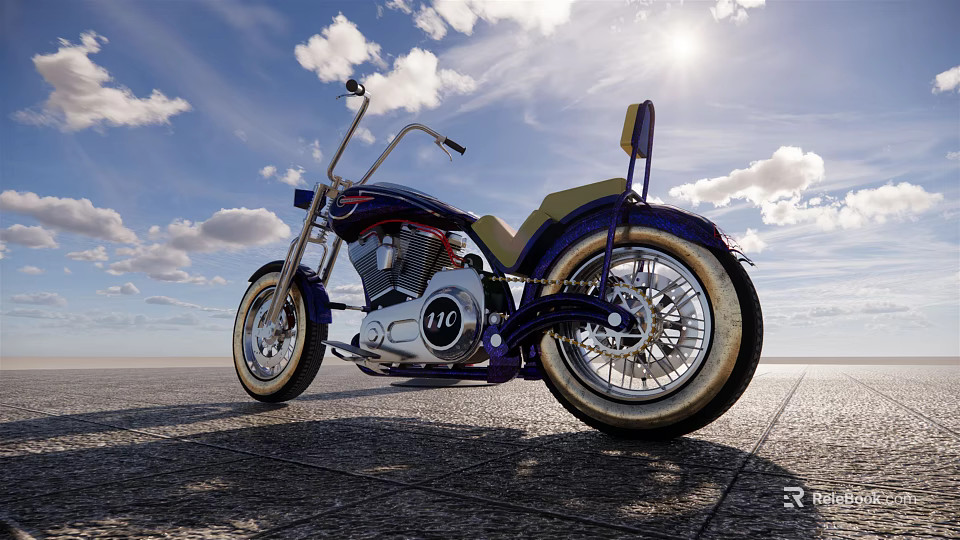 Custom Vintage Motorcycle With Blue Red Accents Chrome Parts Leather Seat And Sunny Open Road 3d model 