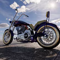 Custom Vintage Motorcycle With Blue Red Accents Chrome Parts Leather Seat And Sunny Open Road