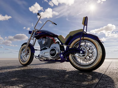 Custom Vintage Motorcycle With Blue Red Accents Chrome Parts Leather Seat And Sunny Open Road 3d model