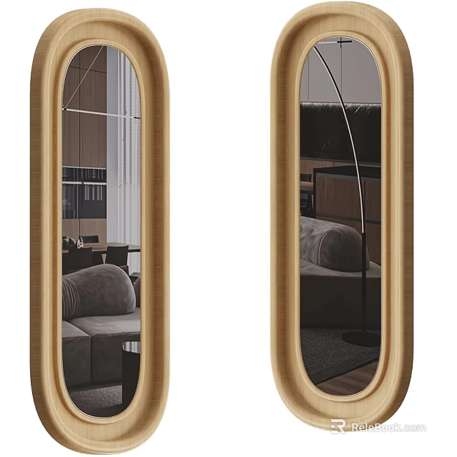 Oval Shaped Mirrors With Golden Frame Reflecting Modern Interior Sofa Bed And Bookshelf 3d model 