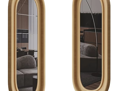Oval Shaped Mirrors With Golden Frame Reflecting Modern Interior Sofa Bed And Bookshelf 3d model