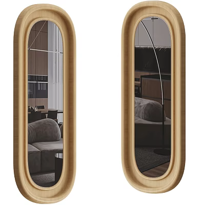 Oval Shaped Mirrors With Golden Frame Reflecting Modern Interior Sofa Bed And Bookshelf 3d model