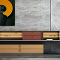 Modern TV Stand With Brown Beige Red Drawers Open Shelves And Marble Wall Artwork Decor