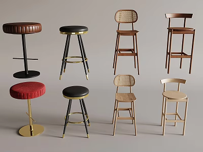 Various Modern Bar Stools Featuring Wooden Metal Frames Upholstered Seats And Red Black Brown Colors 3d model