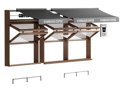 Starbucks Coffee Display Rack With Wooden Frame Black Awnings And Metal Hooks 3d model