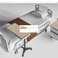 Hospital Bed with White Sheets Brown Blanket Movable Overbed Table and Bedside Table with Flowers