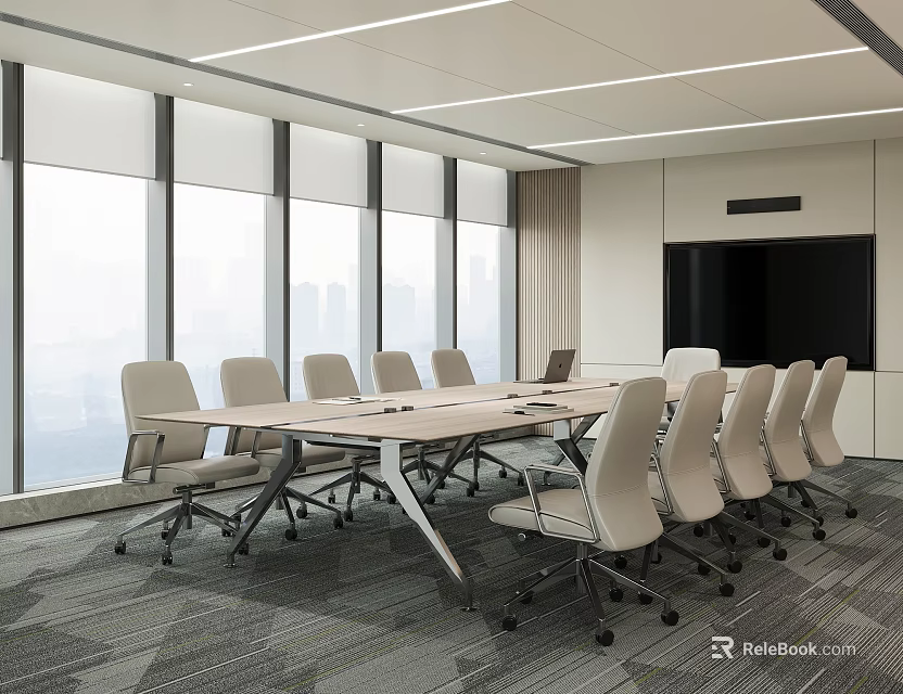 Modern Conference Room With Large Windows City View Long Table White Chairs And Large Screen 3d model 