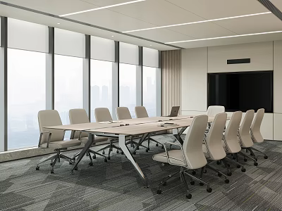 Modern Conference Room With Large Windows City View Long Table White Chairs And Large Screen 3d model