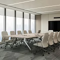 Modern Conference Room With Large Windows City View Long Table White Chairs And Large Screen
