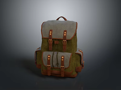 Green And Gray Canvas Backpack With Leather Straps Multiple Pockets For Daily Use 3d model
