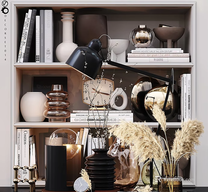 Stylish Decorative Ornament Set with Vases Table Lamp Books and Dried Pampas Grass on Shelf 3d model 