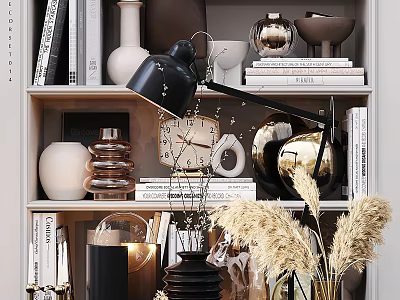 Stylish Decorative Ornament Set with Vases Table Lamp Books and Dried Pampas Grass on Shelf 3d model