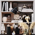 Stylish Decorative Ornament Set with Vases Table Lamp Books and Dried Pampas Grass on Shelf
