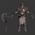 Intricate Medieval Armor Sculpture With Red Accents Axe And Detailed Design