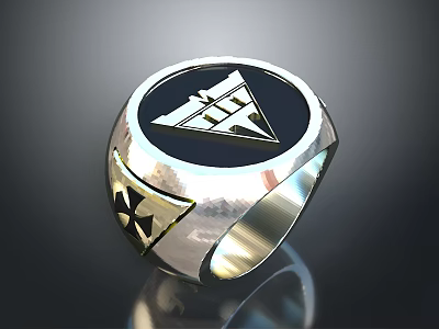 Silver Metallic Ring With Black Inlay And Geometric Symbol Patterns 3d model