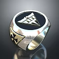 Silver Metallic Ring With Black Inlay And Geometric Symbol Patterns