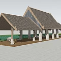 Wooden Pavilion With Gabled Roof Rest Area Surrounded by Trees and People