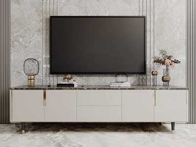 Elegant Modern TV Stand With White Cabinet Gold Handles Marble Top And Decorative Items 3d model