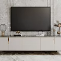 Elegant Modern TV Stand With White Cabinet Gold Handles Marble Top And Decorative Items