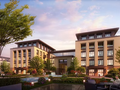 Modern Multistory Residential Exterior With Green Landscape And Leisure Seating Area 3d model