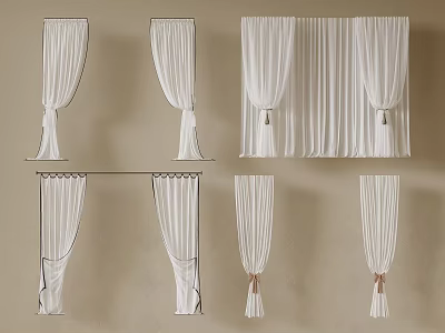 White Curtains With Various Drapery Styles And Tiebacks For Home Window Decor 3d model