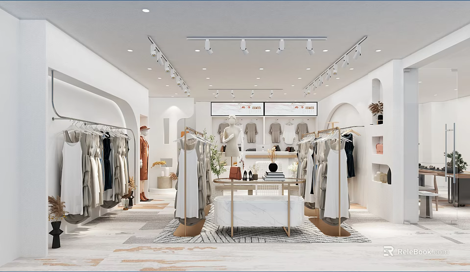 Modern Clothing Store Interior With Clothing Racks Display Table And Track Lighting 3d model 