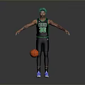 Man with green hair in Celtics number 36 jersey standing by basketball on gray background