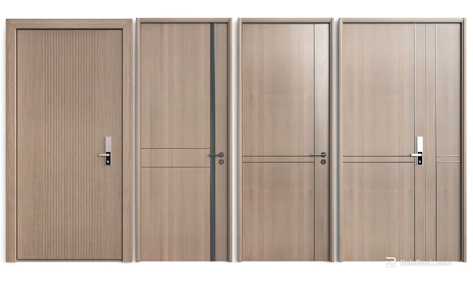Modern Wooden Flush Doors With Different Panel Designs And Metal Handles 3d model