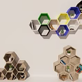 Modern Multiple Hexagonal Bookcases In Different Colors With Geometric Shapes On White Background 3d model