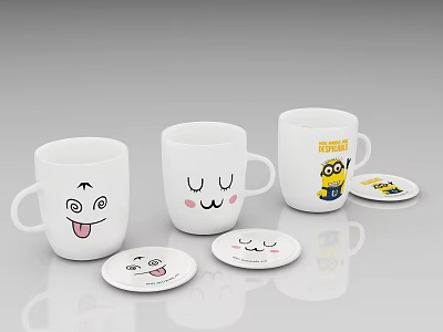 White Mugs Featuring Cute Facial Expressions Minions Cartoon Print And Matching Coasters 3d model