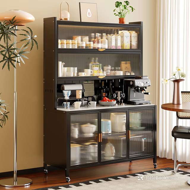 Modern Black Multi tiered Sideboard With Glass Doors Coffee Machine Jars And Dishes 3d model 
