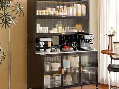 Modern Black Multi tiered Sideboard With Glass Doors Coffee Machine Jars And Dishes 3d model