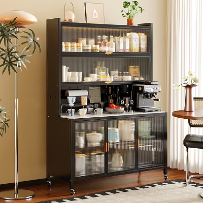 Modern Black Multi tiered Sideboard With Glass Doors Coffee Machine Jars And Dishes 3d model