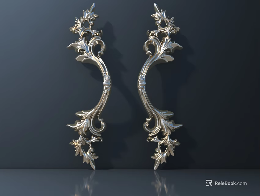 Intricate Shiny Metal Carvings With Symmetrical Floral Patterns On Dark Background 3d model 