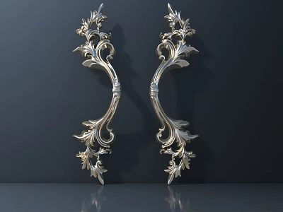 Intricate Shiny Metal Carvings With Symmetrical Floral Patterns On Dark Background 3d model