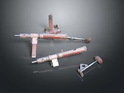 Vintage Rocket Launchers With Brown Red Design And Scattered Components 3d model