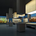 Cultural Center Exhibition Hall Featuring Artworks Decorative Lighting Blue Walls And Displayed Exhibits