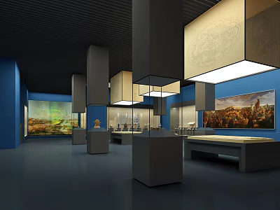 Cultural Center Exhibition Hall Featuring Artworks Decorative Lighting Blue Walls And Displayed Exhibits 3d model