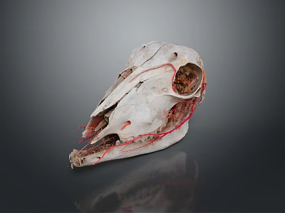 Detailed Animal Skull Adorned With Red Threads On Dark Reflective Surface 3d model