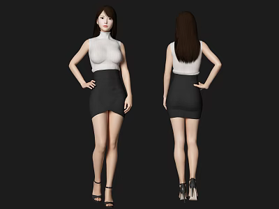 Woman in white top and black skirt with hands on hips front back views 3d model